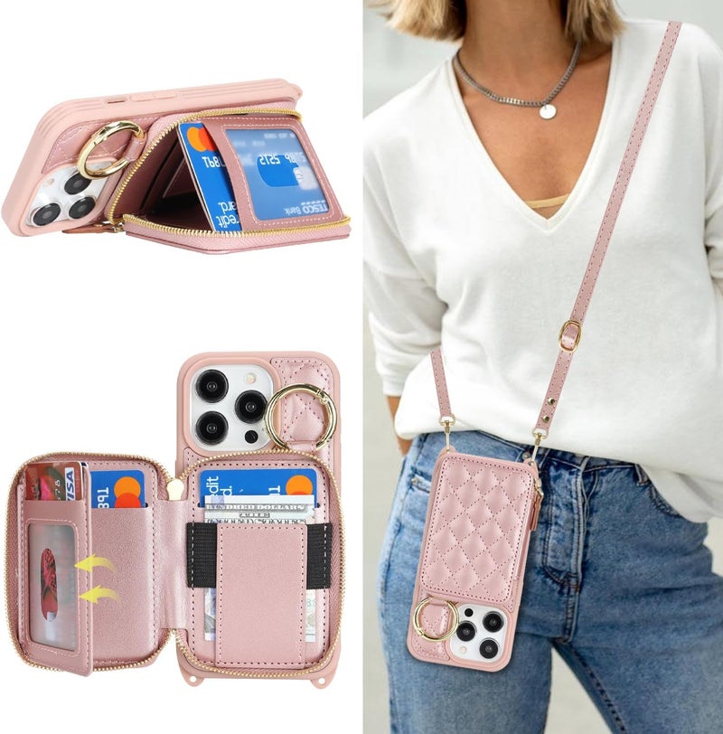Hamany Crossbody Wallet Case for iPhone 14 Pro, PU Leather Zipper Handbag Purse Flip Cover, Kickstand Folio Case with Card Slots Holder Wrist Strap Lanyard 5G 6.1 Inch-Rose Gold - Image 1